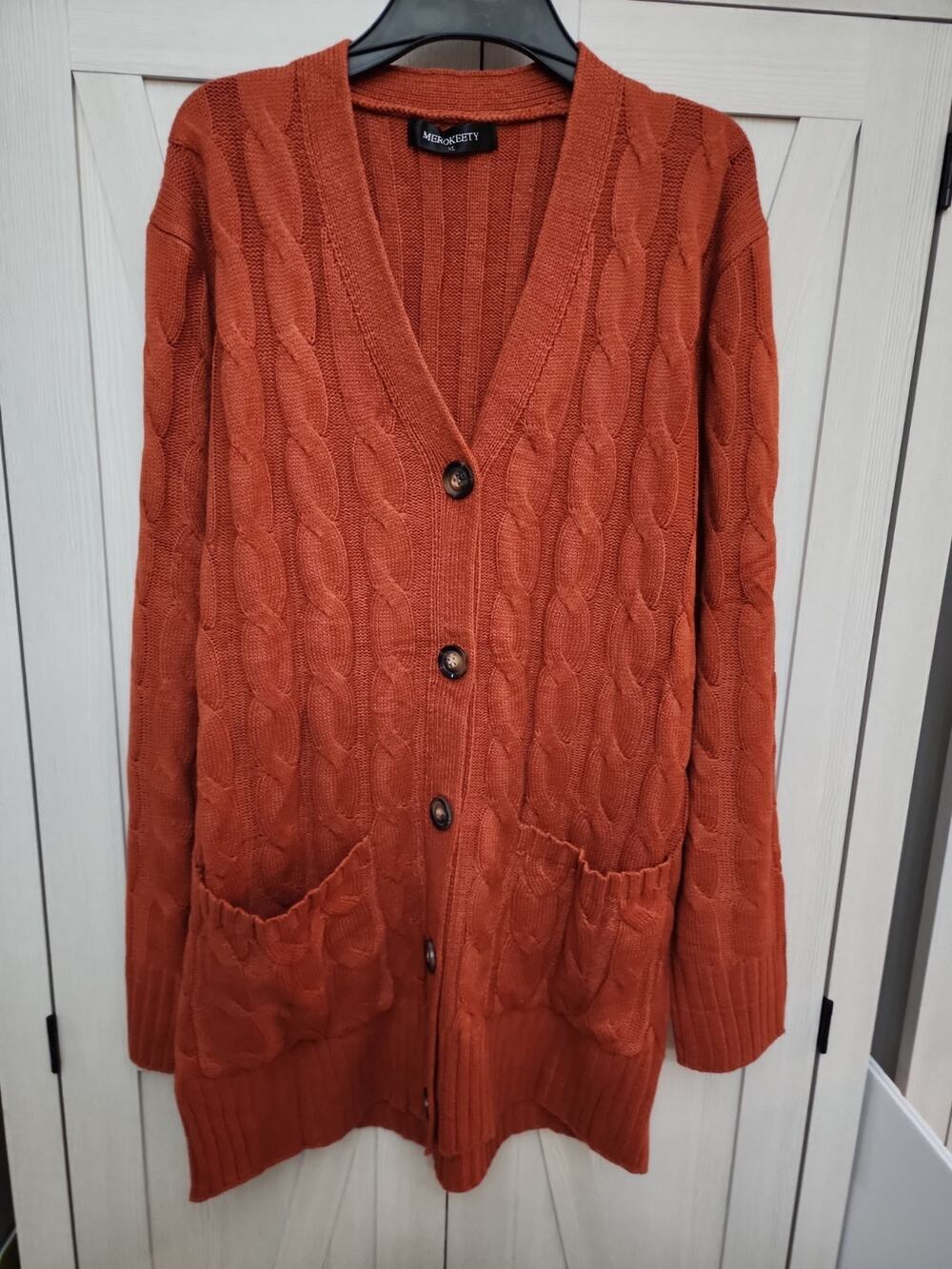MEROKEETY rust Burnt Orange Acrylic Cable Knit Cardigan V-neck Sweater XL